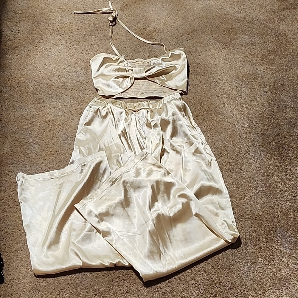 SHEIN Cream Wide Leg Jumpsuit with Bandeau Top